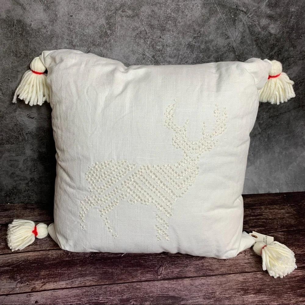 Hearth & Hand ~ Embroidered Deer Pillow with Tassels and Red Accent